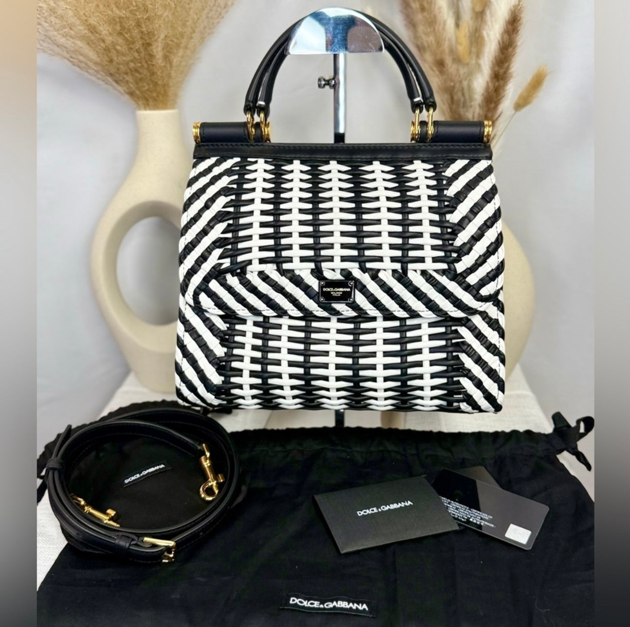 New Dolce & Gabbana Black & White Woven Leather Medium Sicily 58 Bag