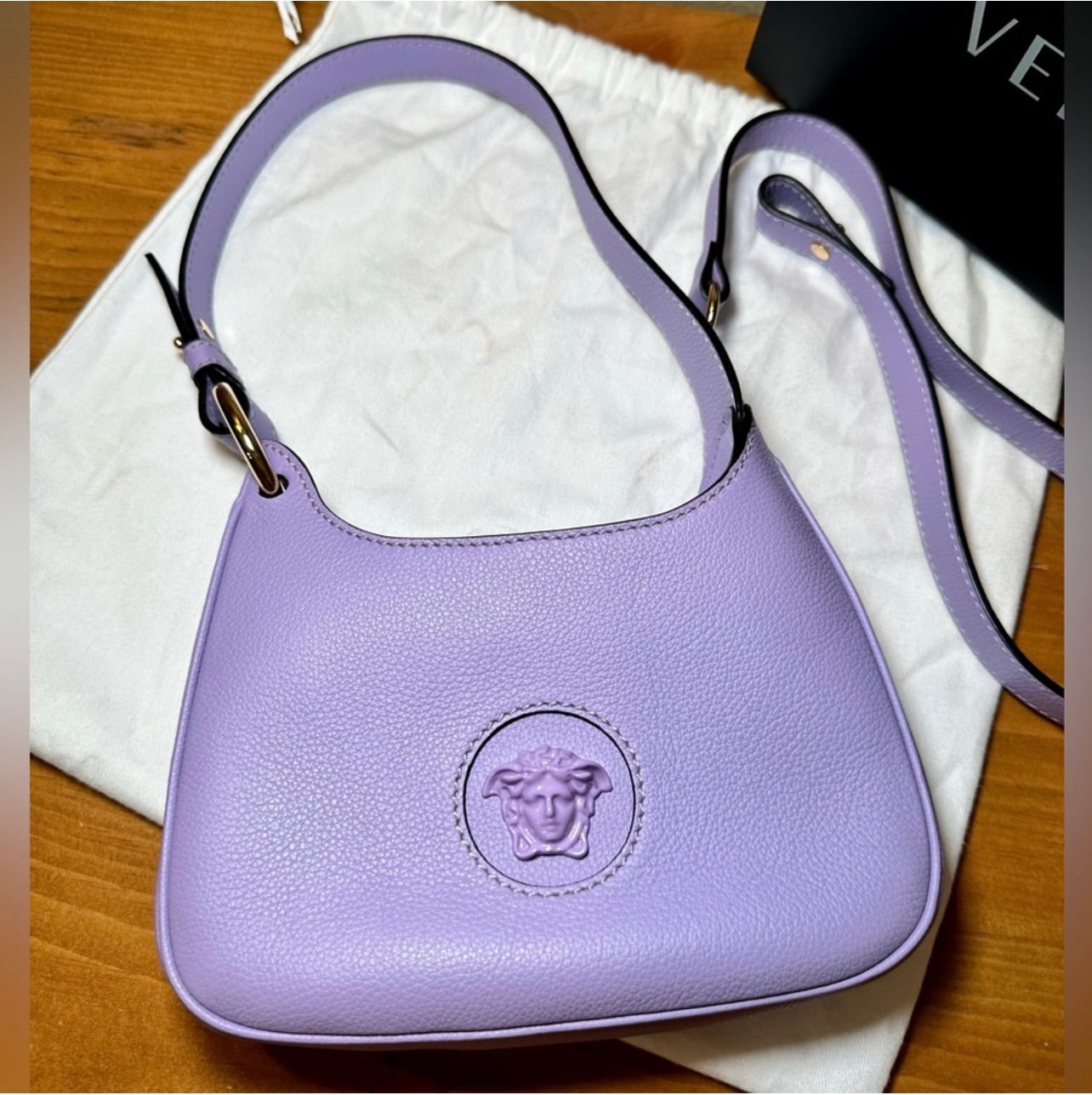 EUC Versace La Medusa Lilac Pebbled Leather Mini Hobo Bag