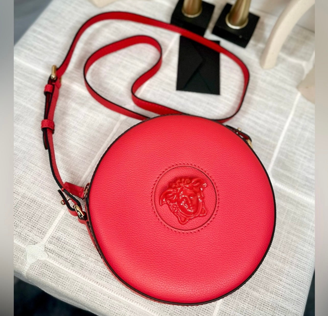 New Versace La Medusa Lipstick Red Leather Disco Round Crossbody Bag