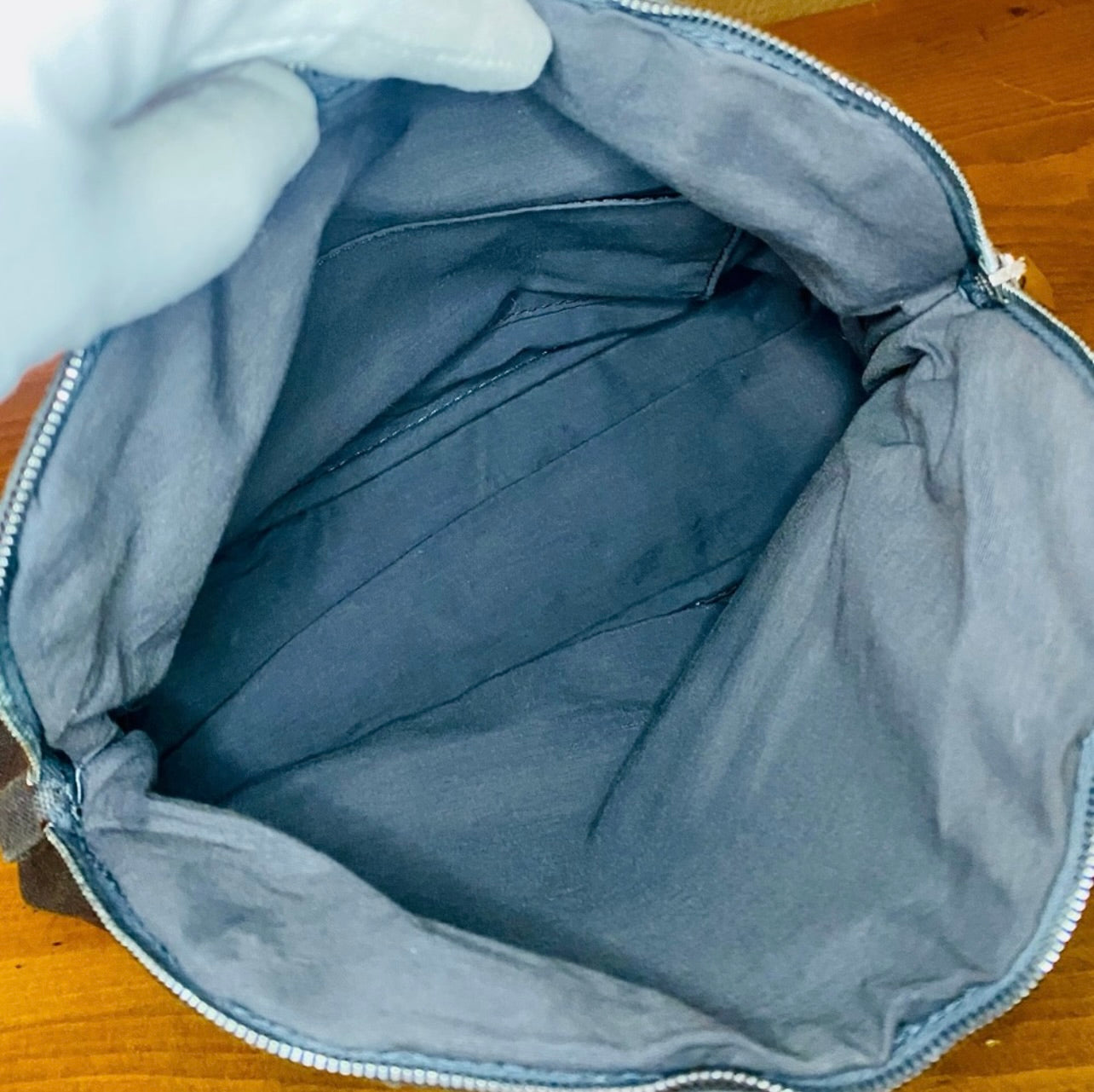 Vintage HERMES Gray Blue Canvas & Leather Bolide Cosmetic Pouch Purse MM