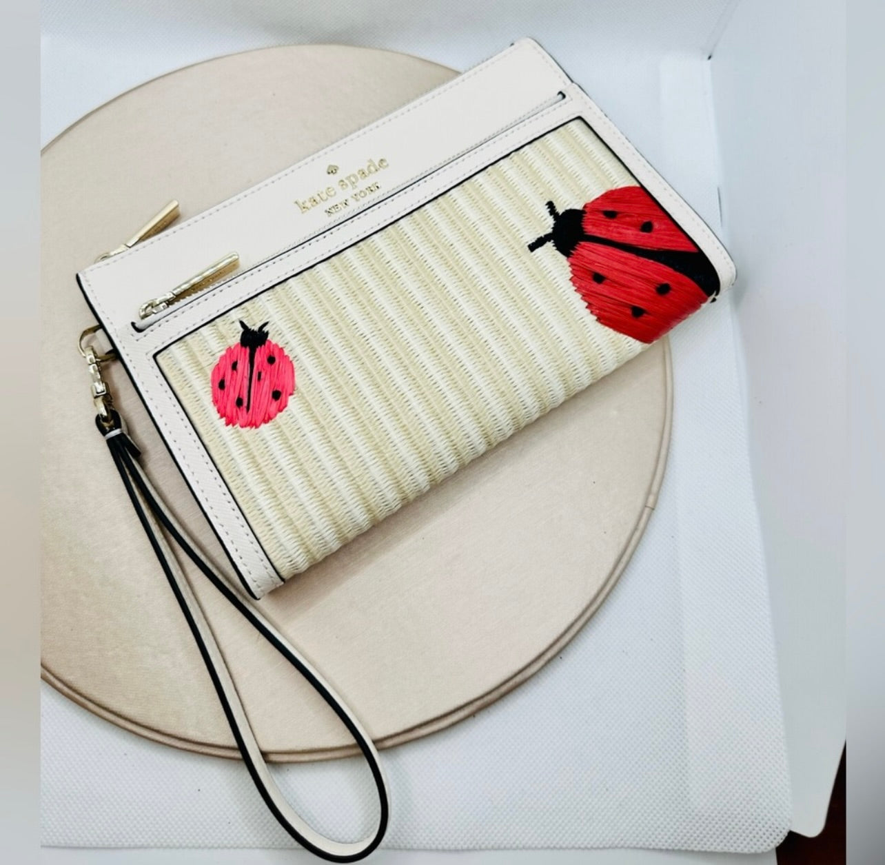 New Kate Spade Dottie Natural Straw w/ Ladybug Embroidered Wristlet
