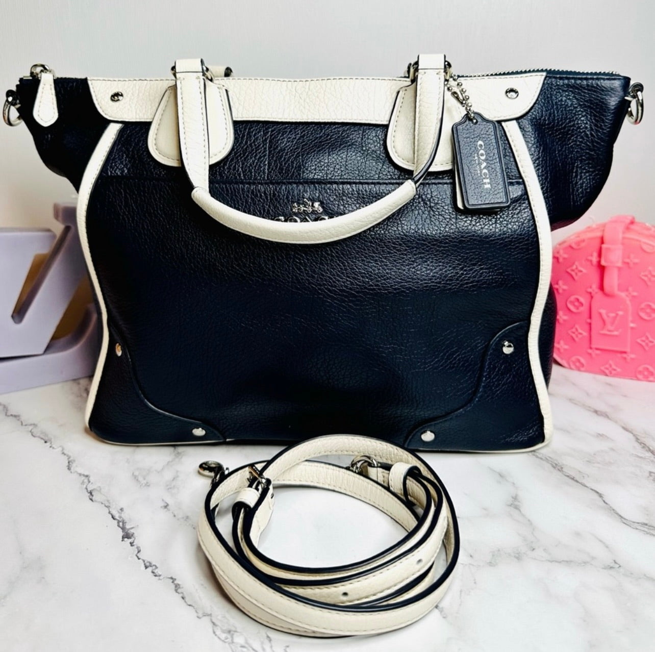 Coach Midnight Navy Blue & Chalk Spectator Leather Mickie Satchel