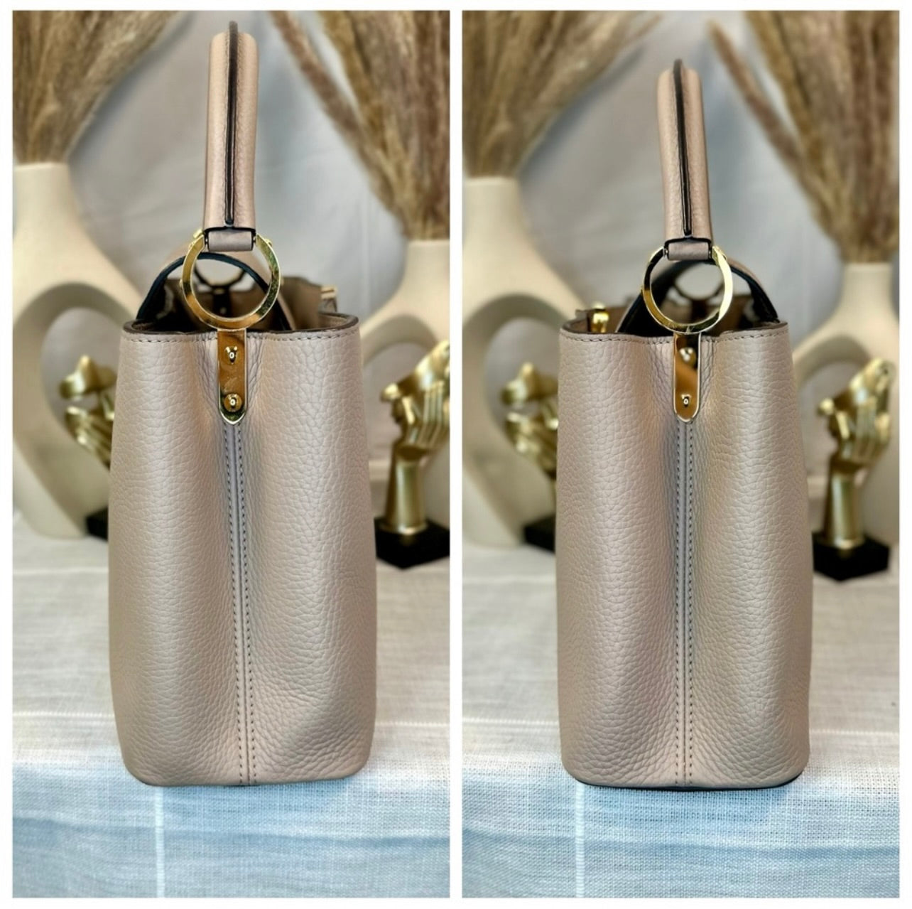 Louis Vuitton Galet Gray Taurillon Leather Capucines MM Bag