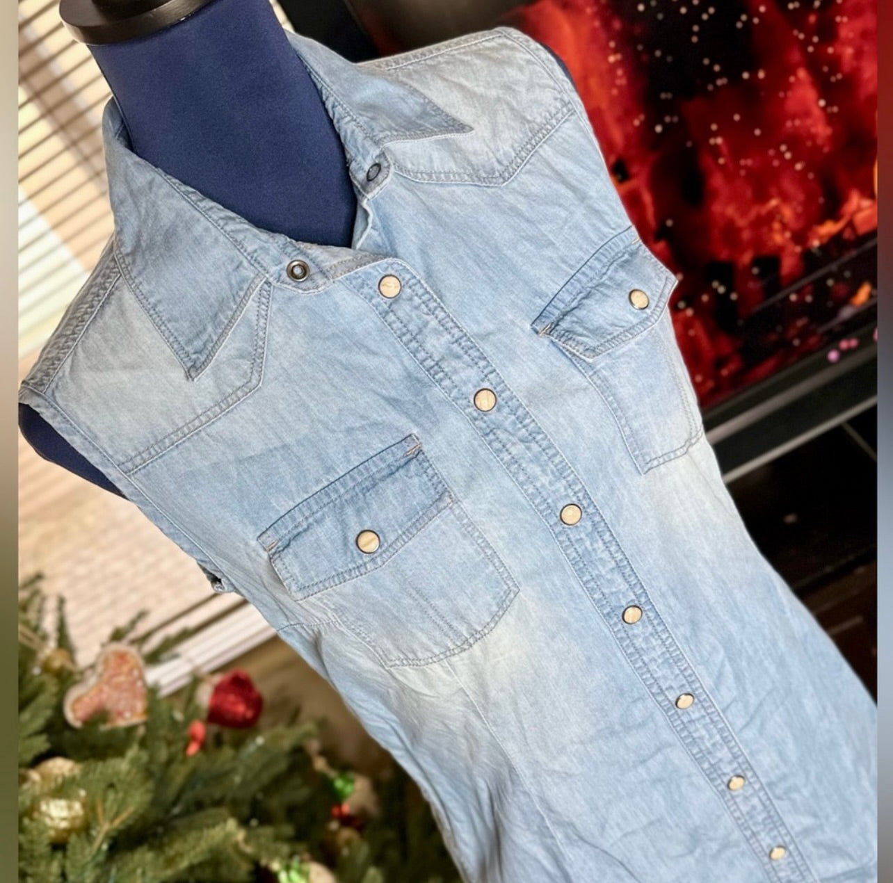 Overland Denim Snap Up Front Sleeveless Shirt Dress