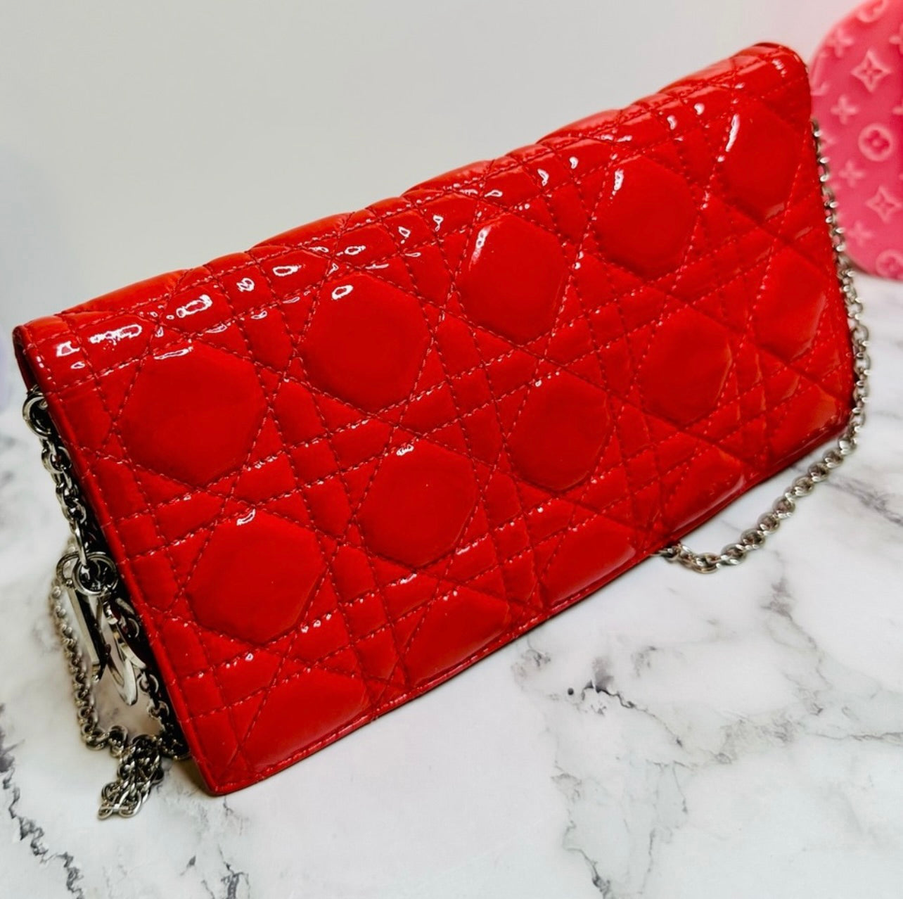DIOR Coral Red Quilted Cannage Patent Calfskin Leather Lady Dior Chain Clutch