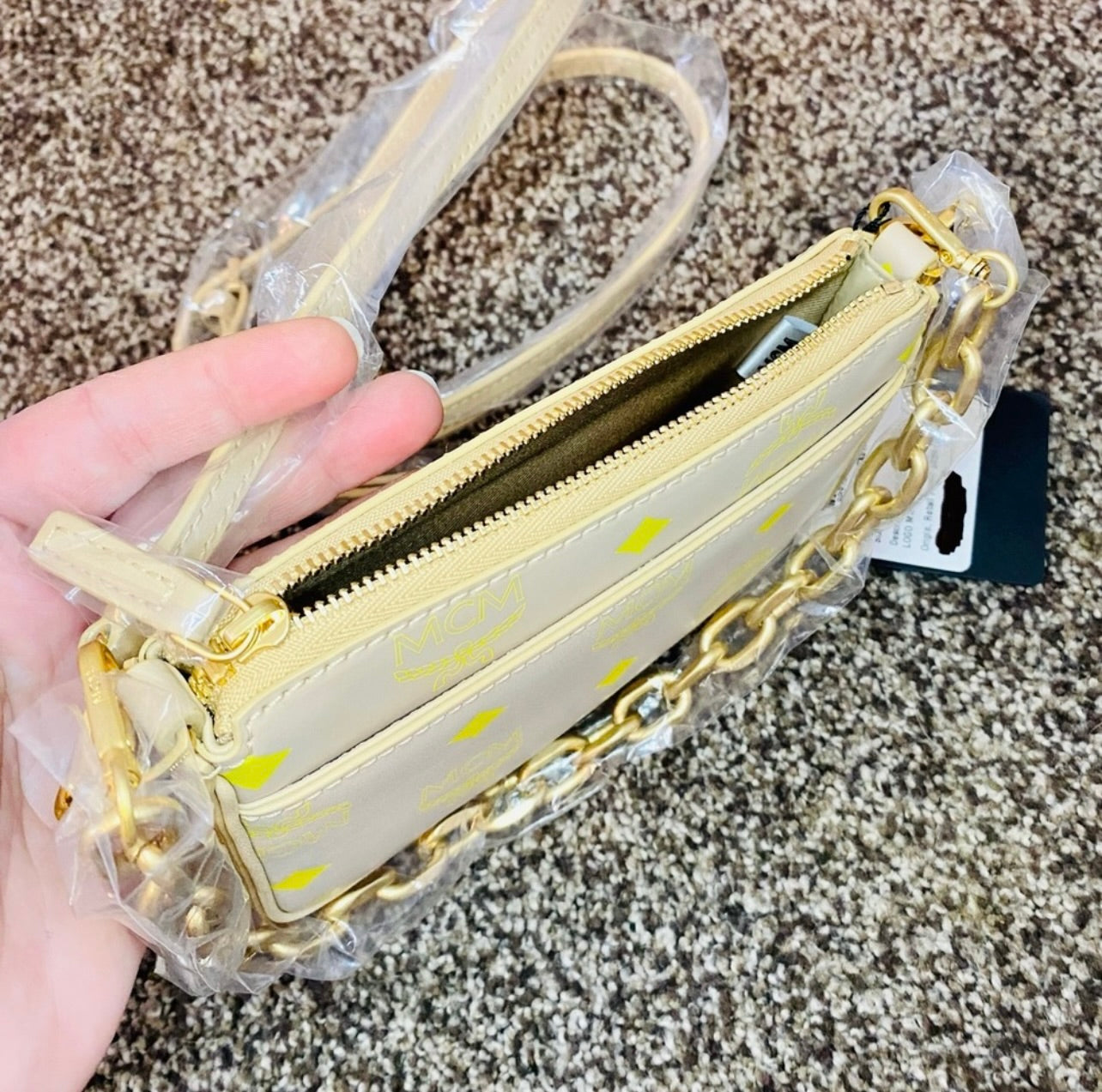 New MCM Croissant Yellow Mini Color Splash Logo Shoulder Bag