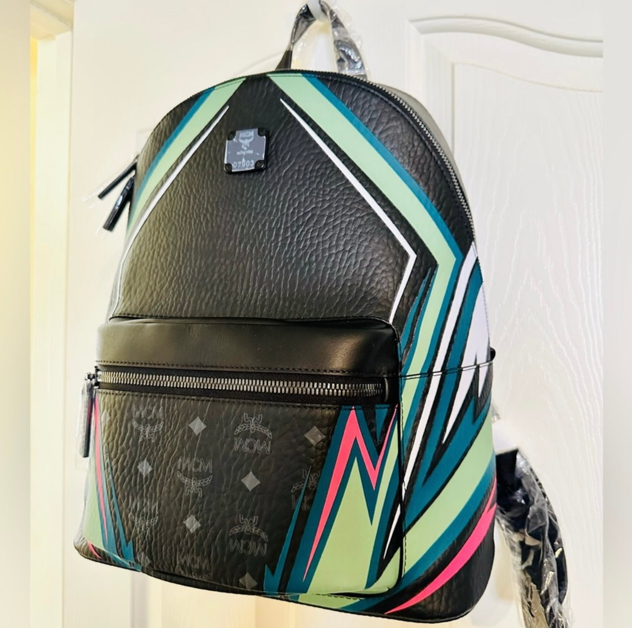 NWT! Unisex MCM Medium Leather & Canvas Stark Graphic-Print Backpack