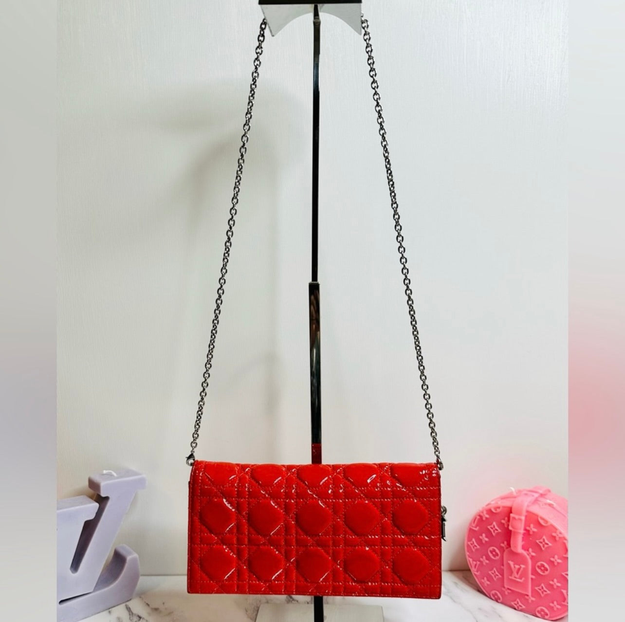 DIOR Coral Red Quilted Cannage Patent Calfskin Leather Lady Dior Chain Clutch