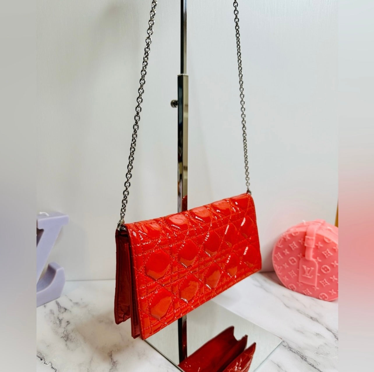 DIOR Coral Red Quilted Cannage Patent Calfskin Leather Lady Dior Chain Clutch