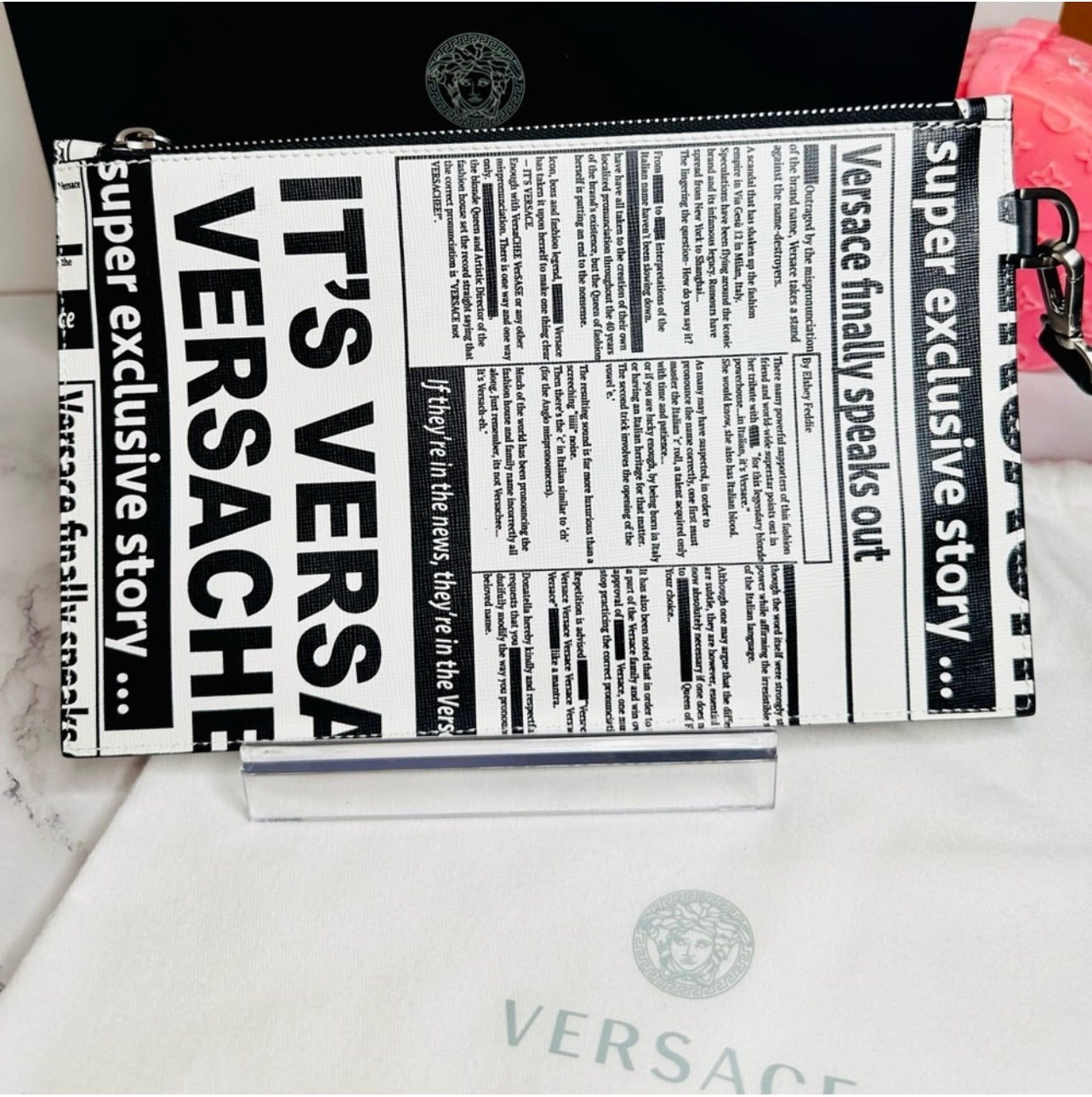 Versace Unisex Tabloid Print Saffiano Leather Wristlet Pouch Bag