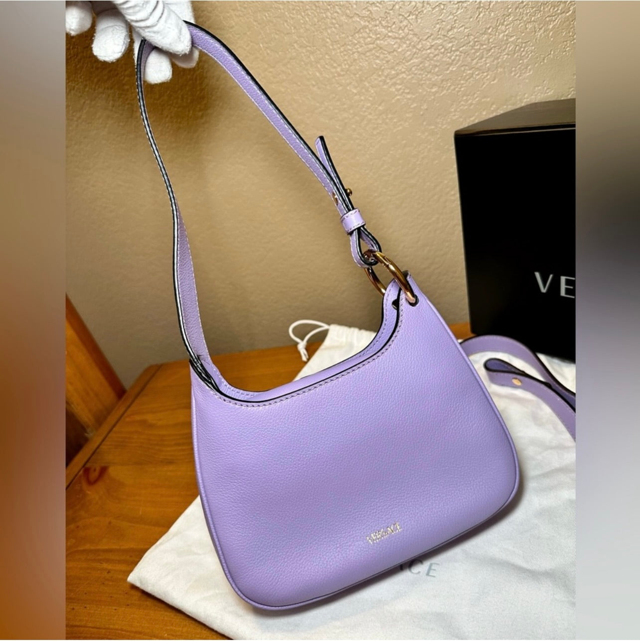 EUC Versace La Medusa Lilac Pebbled Leather Mini Hobo Bag