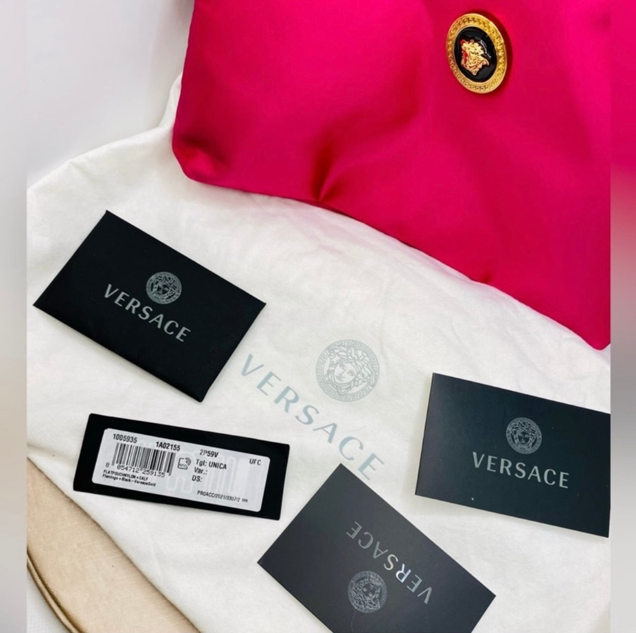 New Versace Hot Pink Flamingo Satin Nylon Pouchette Bag