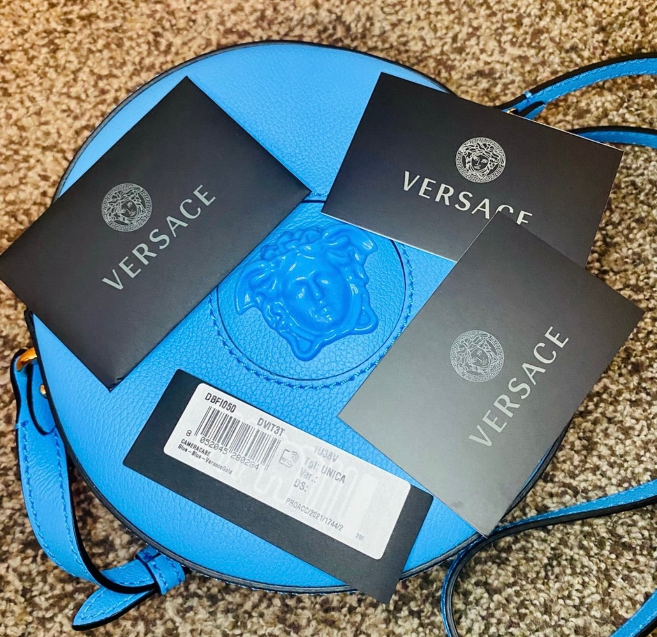 New Versace La Medusa Blue/Cerulean Leather Disco Round Crossbody Bag