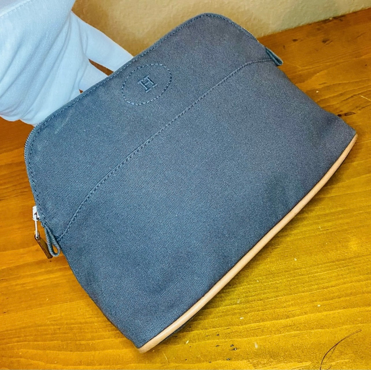 Vintage HERMES Gray Blue Canvas & Leather Bolide Cosmetic Pouch Purse MM