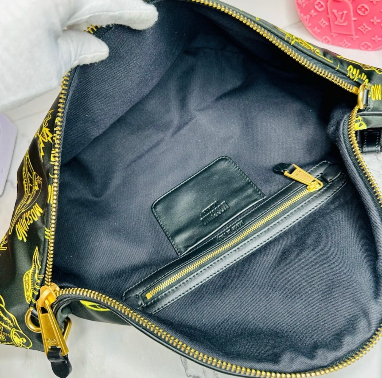 NEW! Moschino Black Nylon w/ Yellow Spaceship Print Oversized Belt Bag