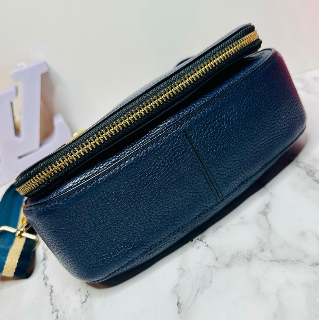 Marc Jacobs Small Navy Blue Pebbled Leather Gotham Saddle Bag