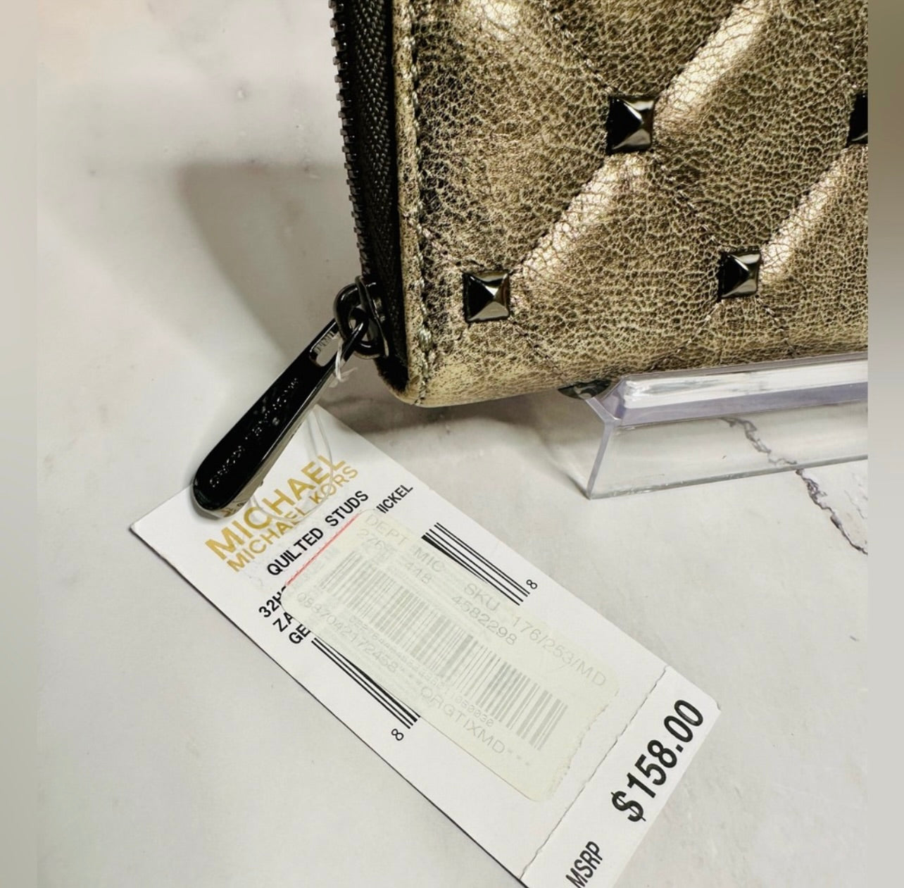 New Michael Kors Distressed Quilted Dark Gray Nickel Leather & Stud Long Wallet