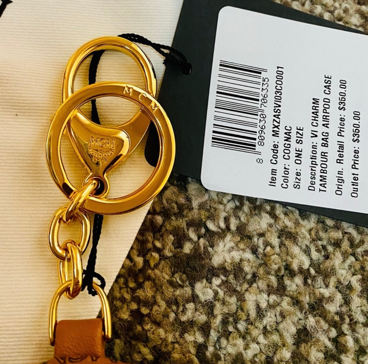 New MCM Cognac Round Tambour AirPod Case/Coin Purse/Key Bag Charm