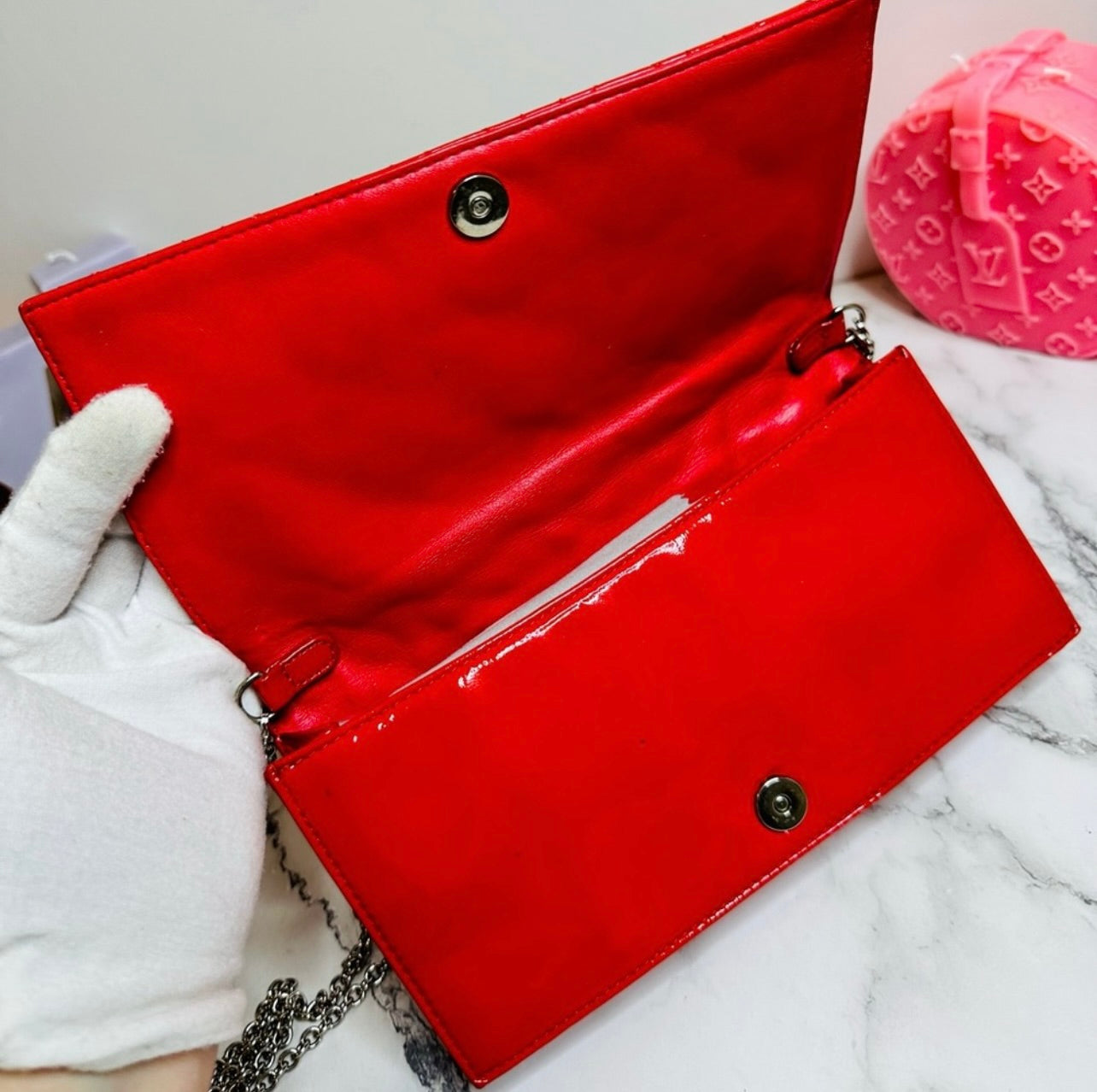 DIOR Coral Red Quilted Cannage Patent Calfskin Leather Lady Dior Chain Clutch