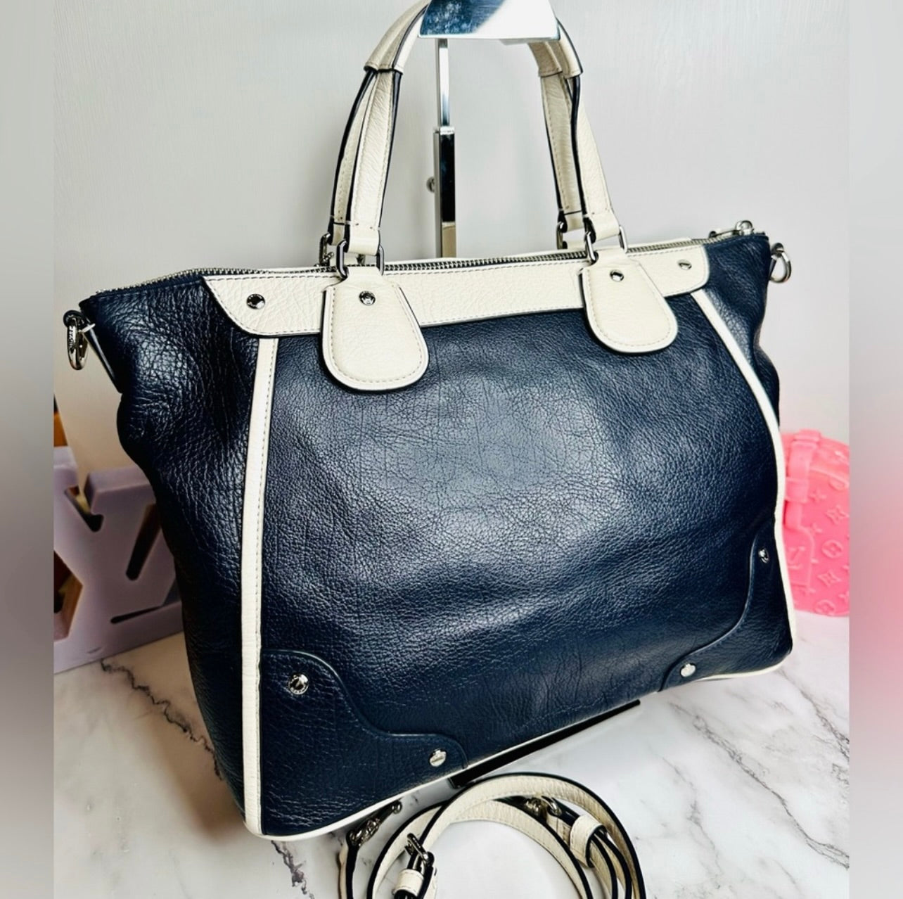 Coach Midnight Navy Blue & Chalk Spectator Leather Mickie Satchel