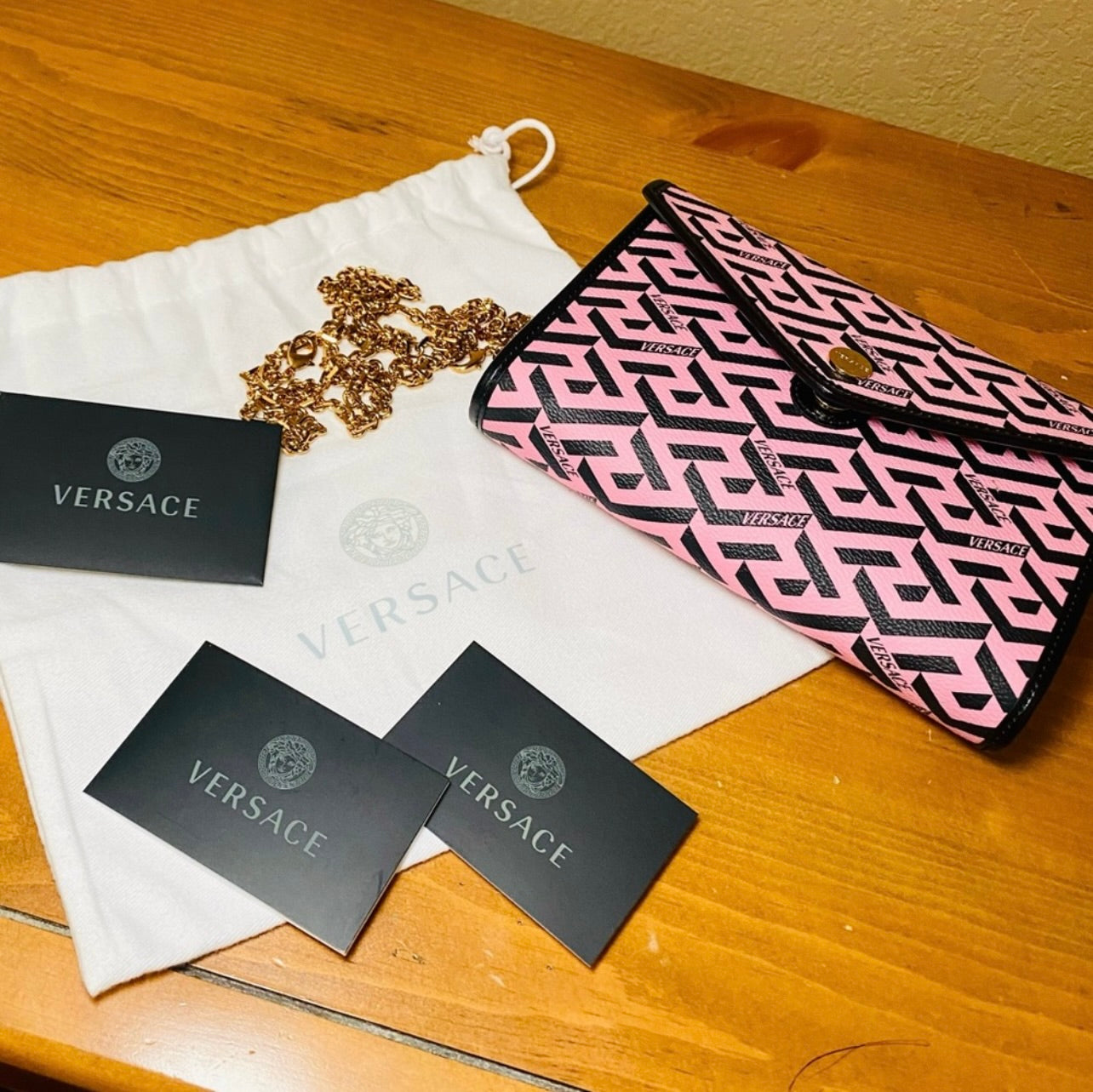 New Versace Pink La Greca Signature Coated Canvas Chain Crossbody Bag