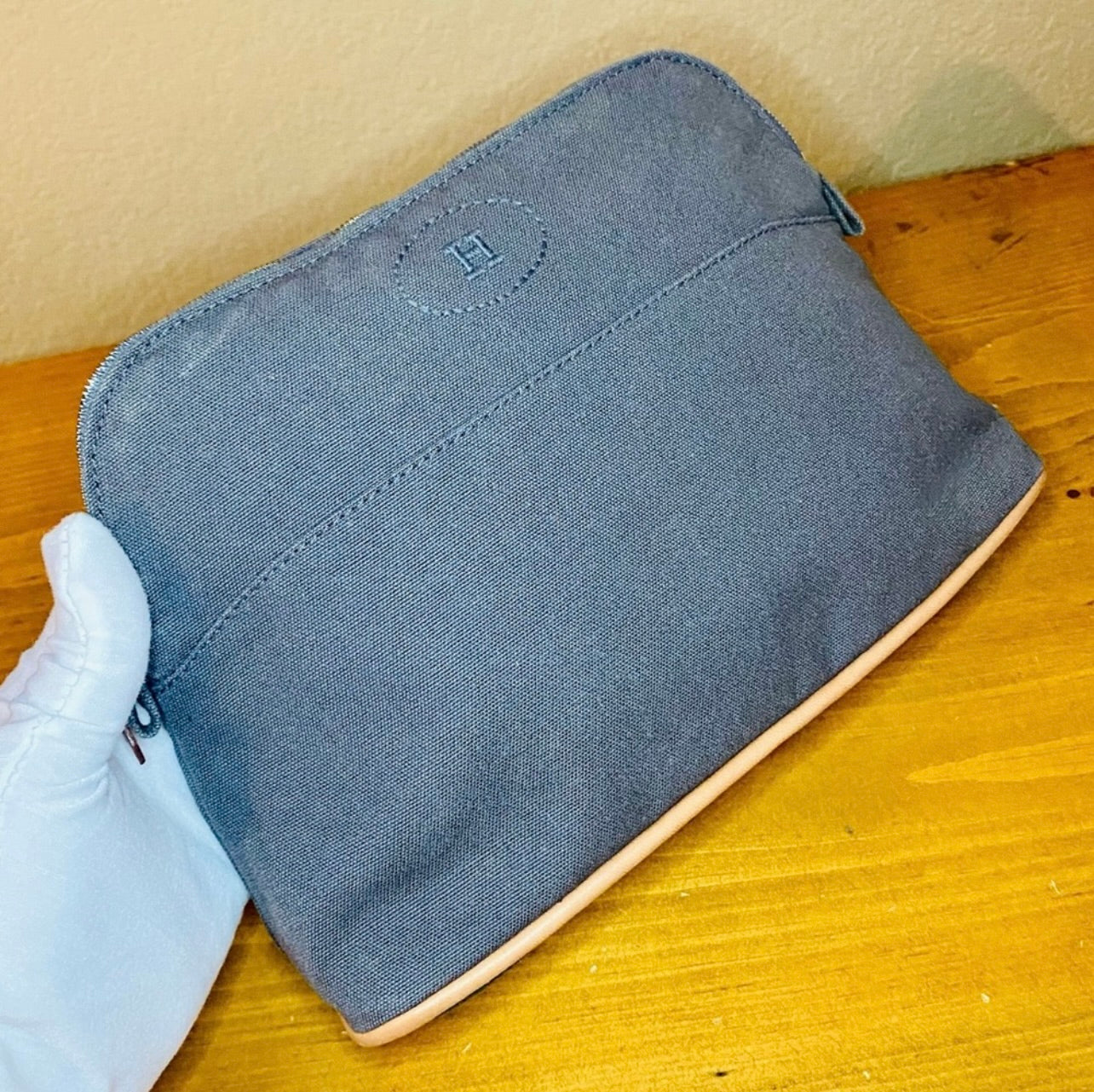 Vintage HERMES Gray Blue Canvas & Leather Bolide Cosmetic Pouch Purse MM
