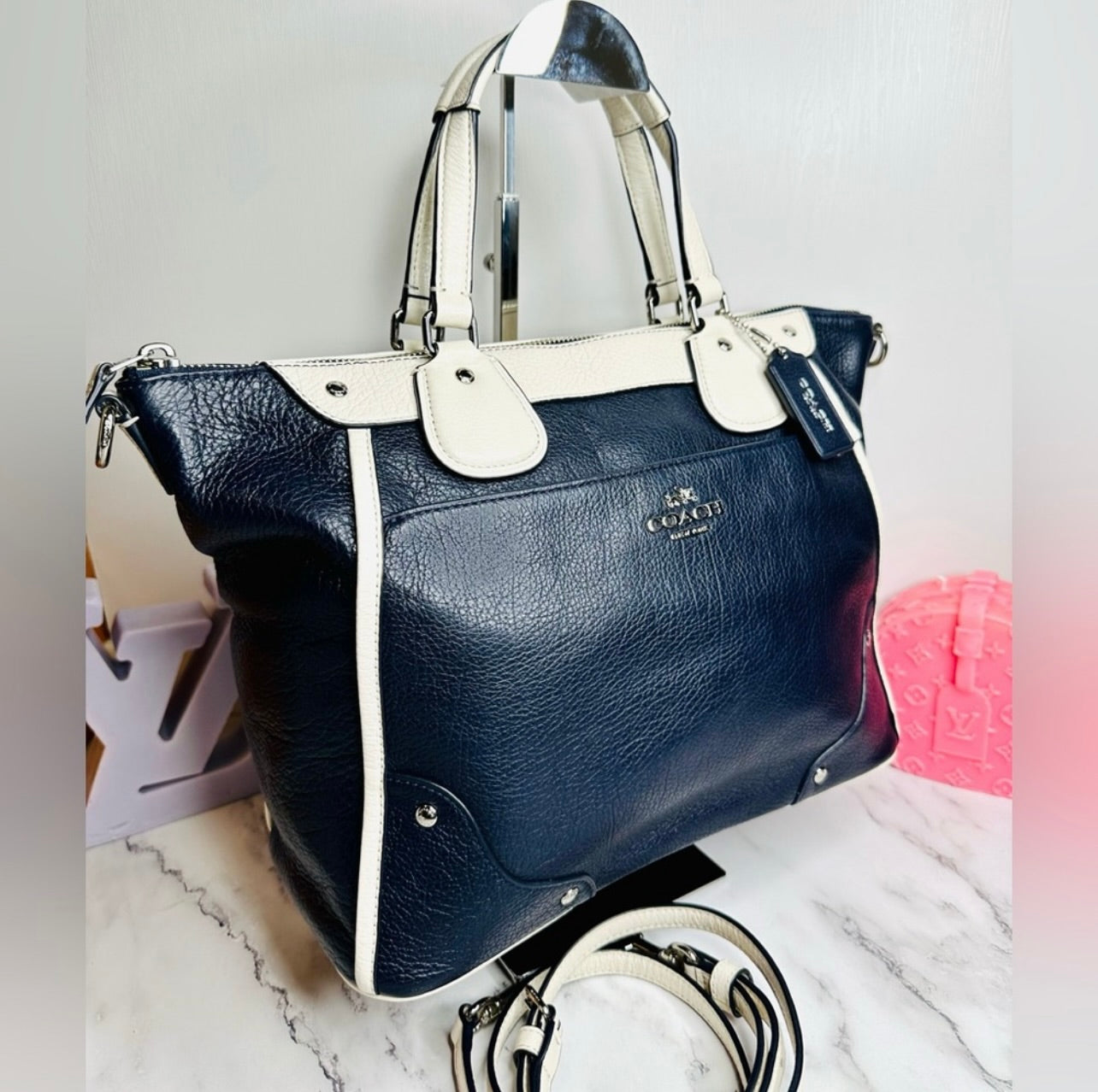 Coach Midnight Navy Blue & Chalk Spectator Leather Mickie Satchel