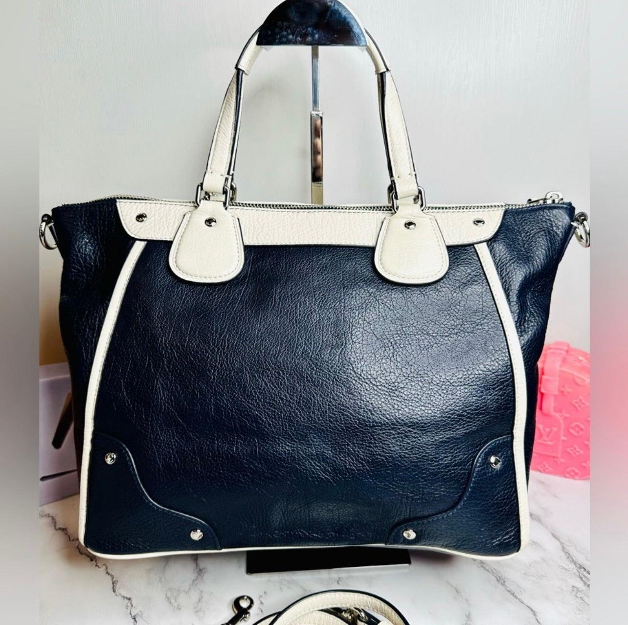 Coach Midnight Navy Blue & Chalk Spectator Leather Mickie Satchel