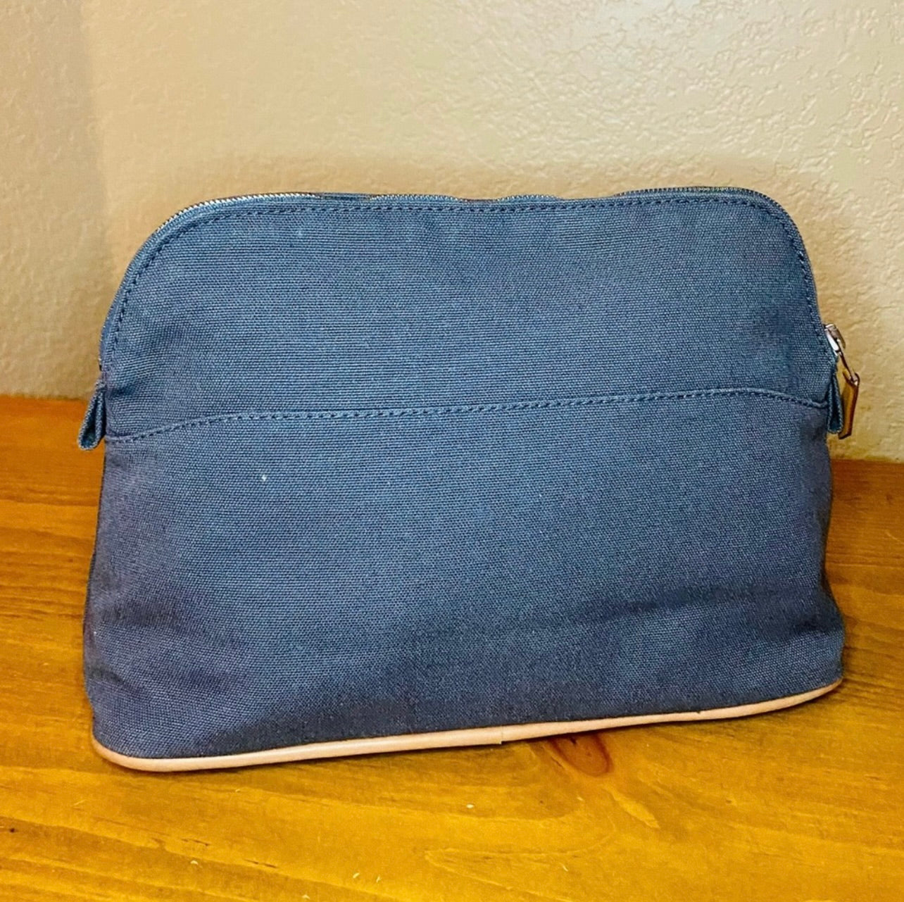 Vintage HERMES Gray Blue Canvas & Leather Bolide Cosmetic Pouch Purse MM