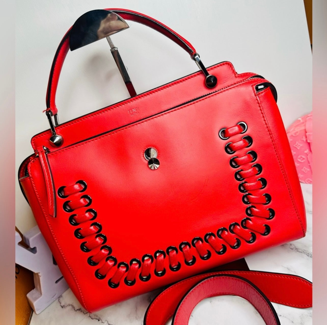 Fendi Medium Red Leather Whipstitch DotCom Convertible Satchel Bag