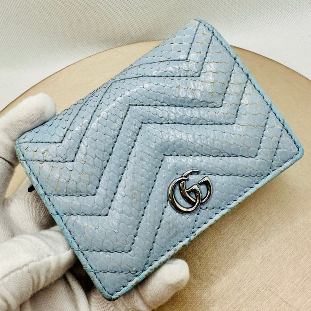 Gucci Baby Blue ‘GG Marmont’ Quilted Python Card Case Wallet