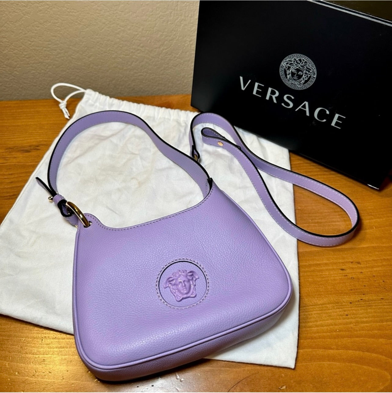 EUC Versace La Medusa Lilac Pebbled Leather Mini Hobo Bag