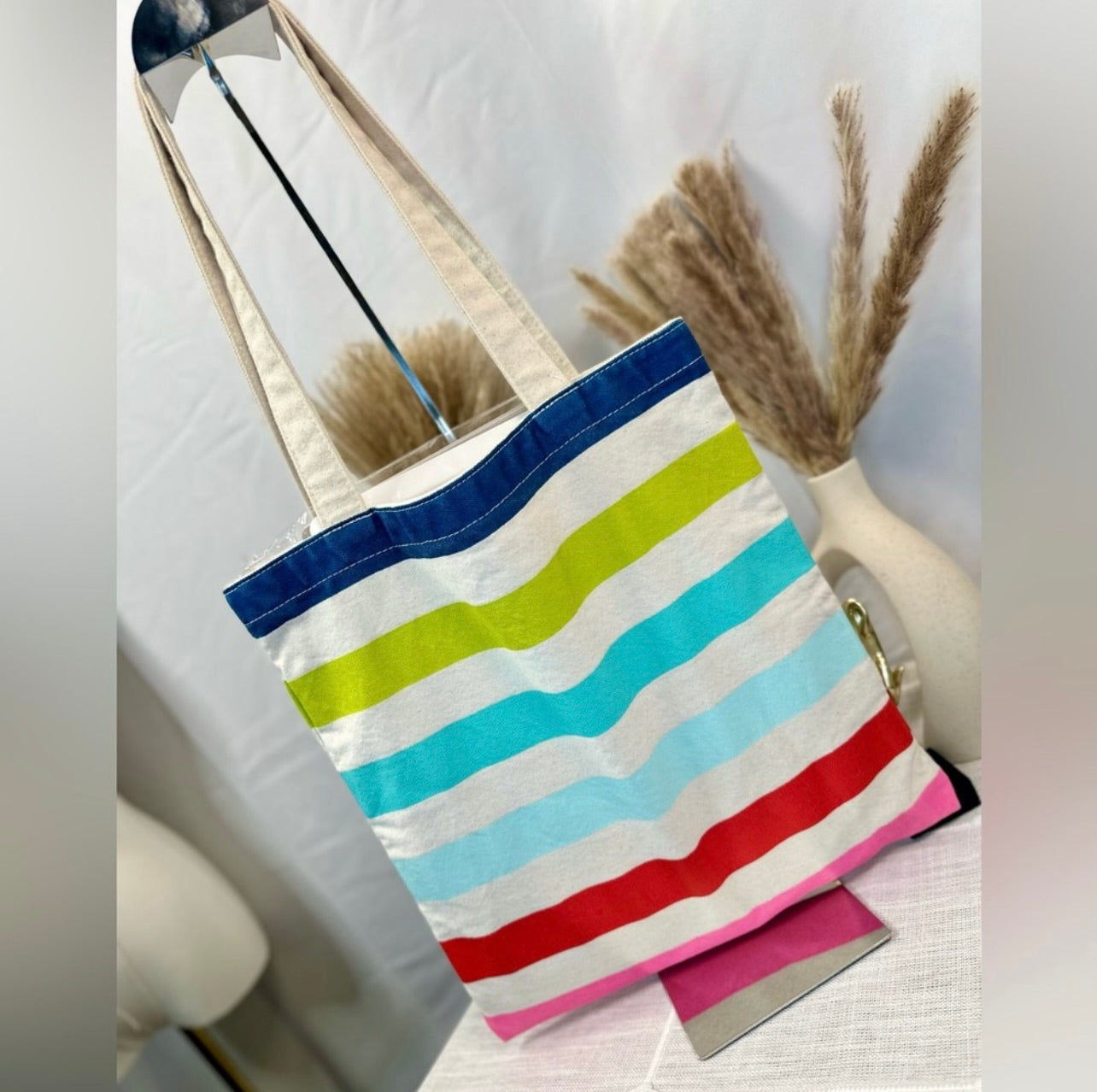 Kate Spade Heavy-duty Multi-Colored Stripes Cream Canvas Book Tote Bag