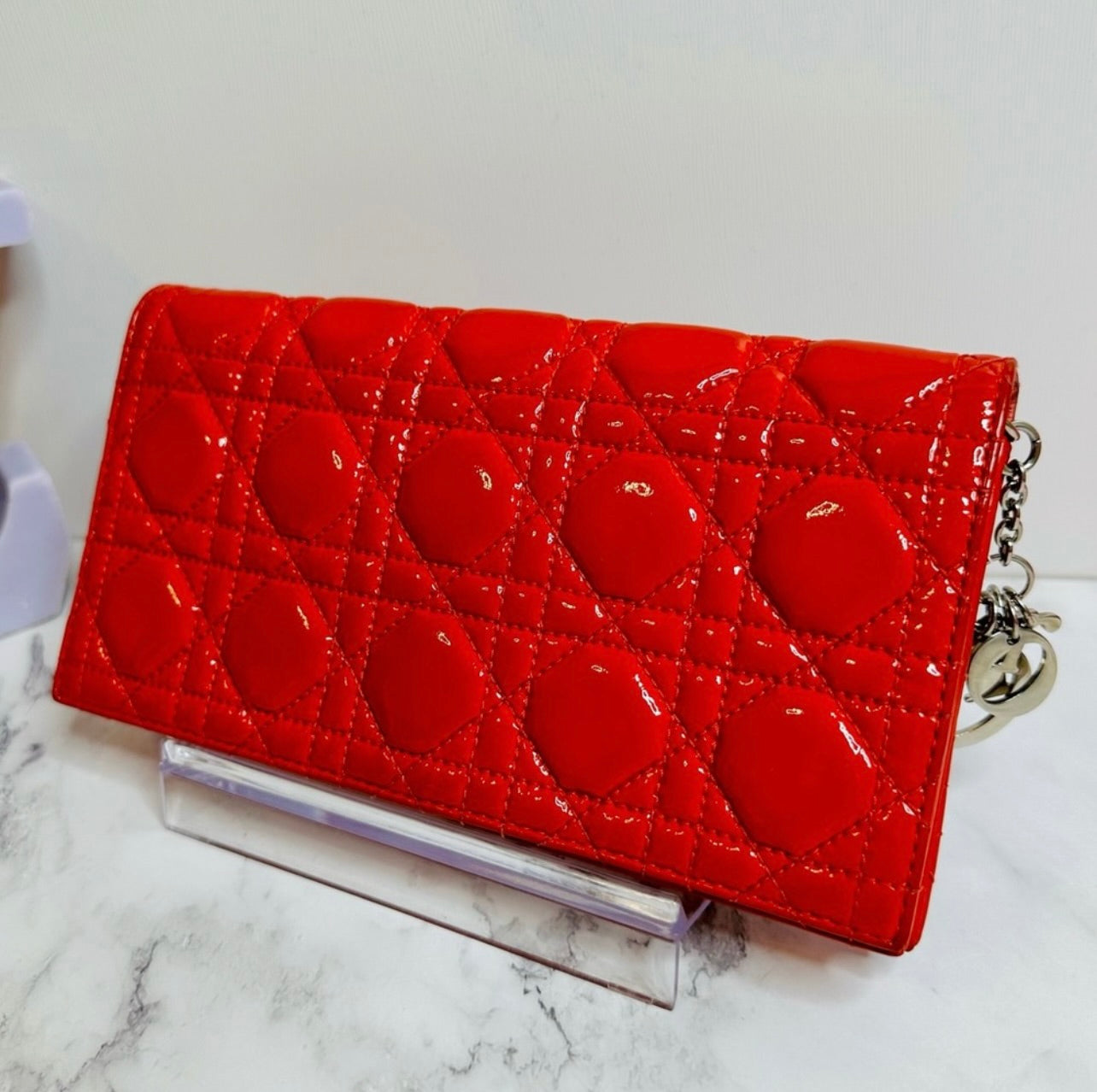 DIOR Coral Red Quilted Cannage Patent Calfskin Leather Lady Dior Chain Clutch