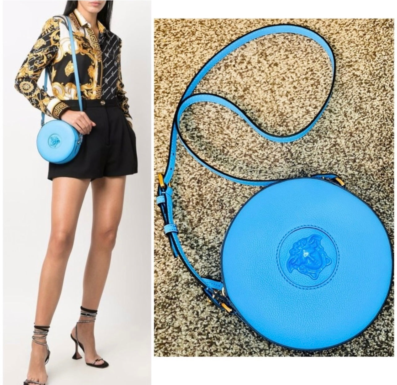 New Versace La Medusa Blue/Cerulean Leather Disco Round Crossbody Bag