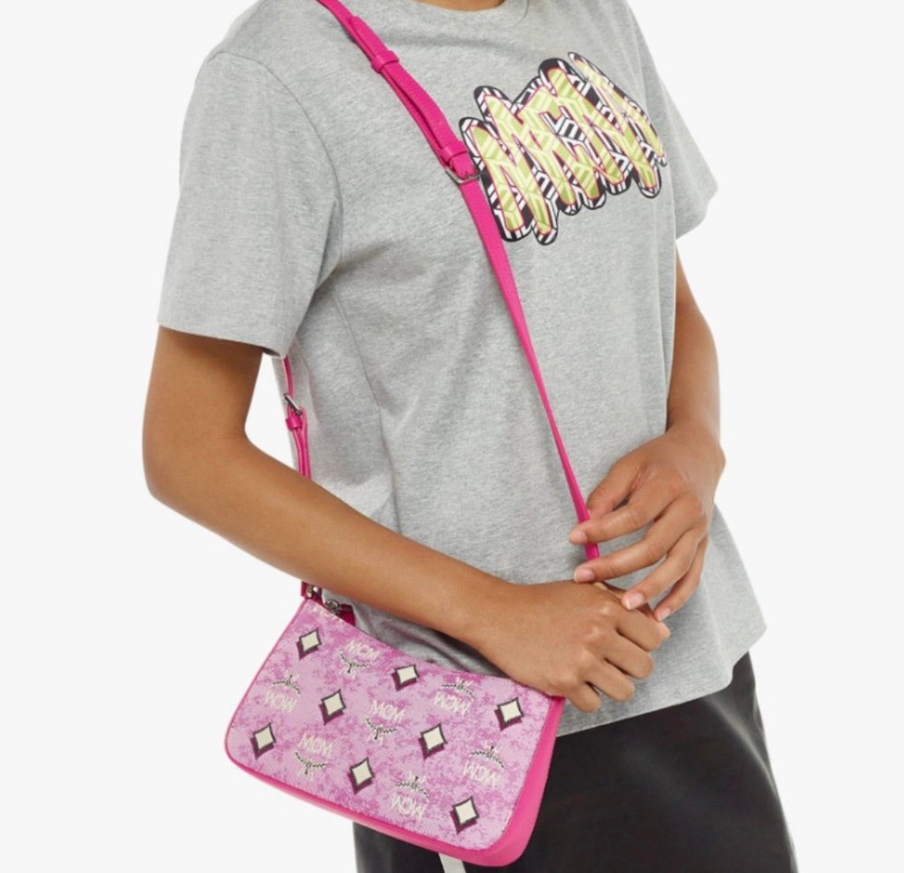 New MCM Pink Vintage Monogram Jacquard Aren Mini Shoulder Bag