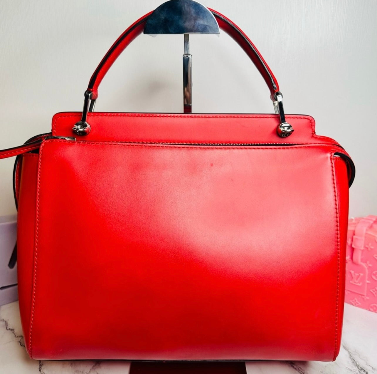 Fendi Medium Red Leather Whipstitch DotCom Convertible Satchel Bag