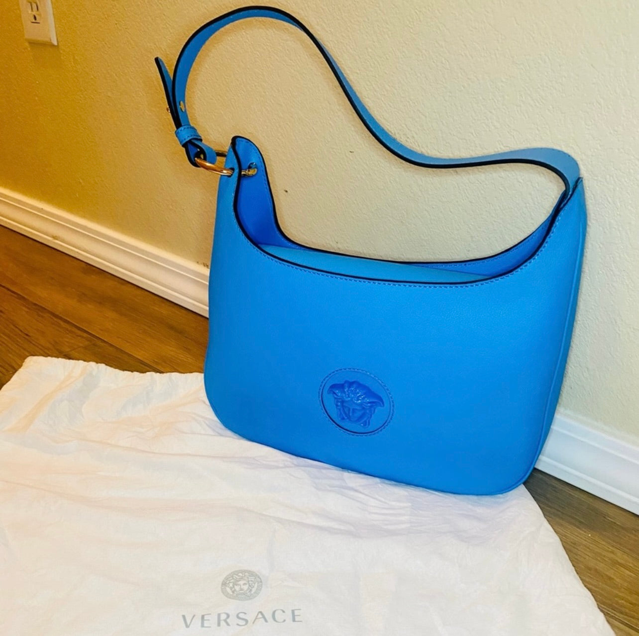 New VERSACE La Medusa Blue Leather Medium Hobo Convertible Strap Bag