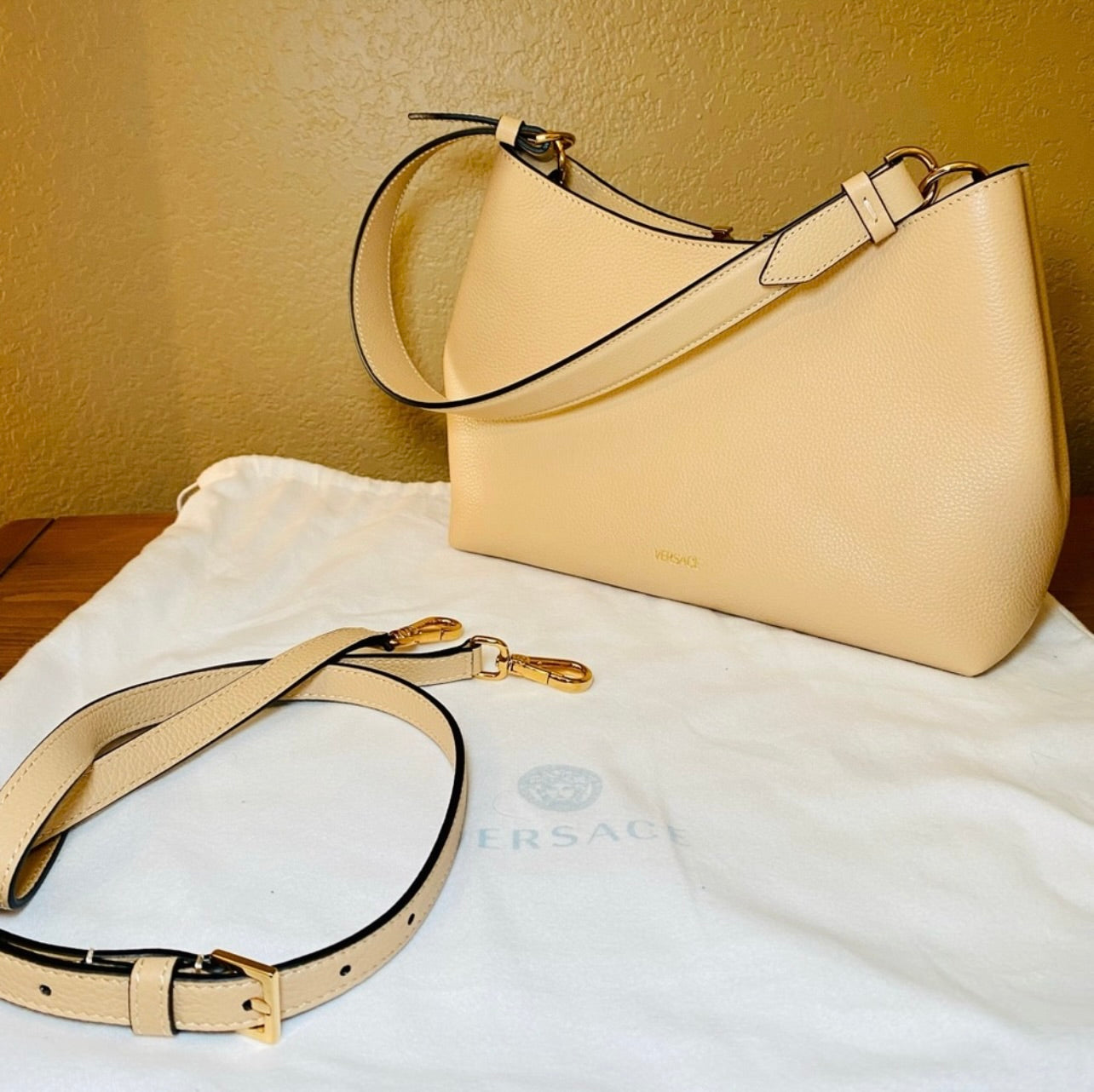 New VERSACE Vitello Virtus V Small Beige Grainy Calfskin Leather Shoulder Bag