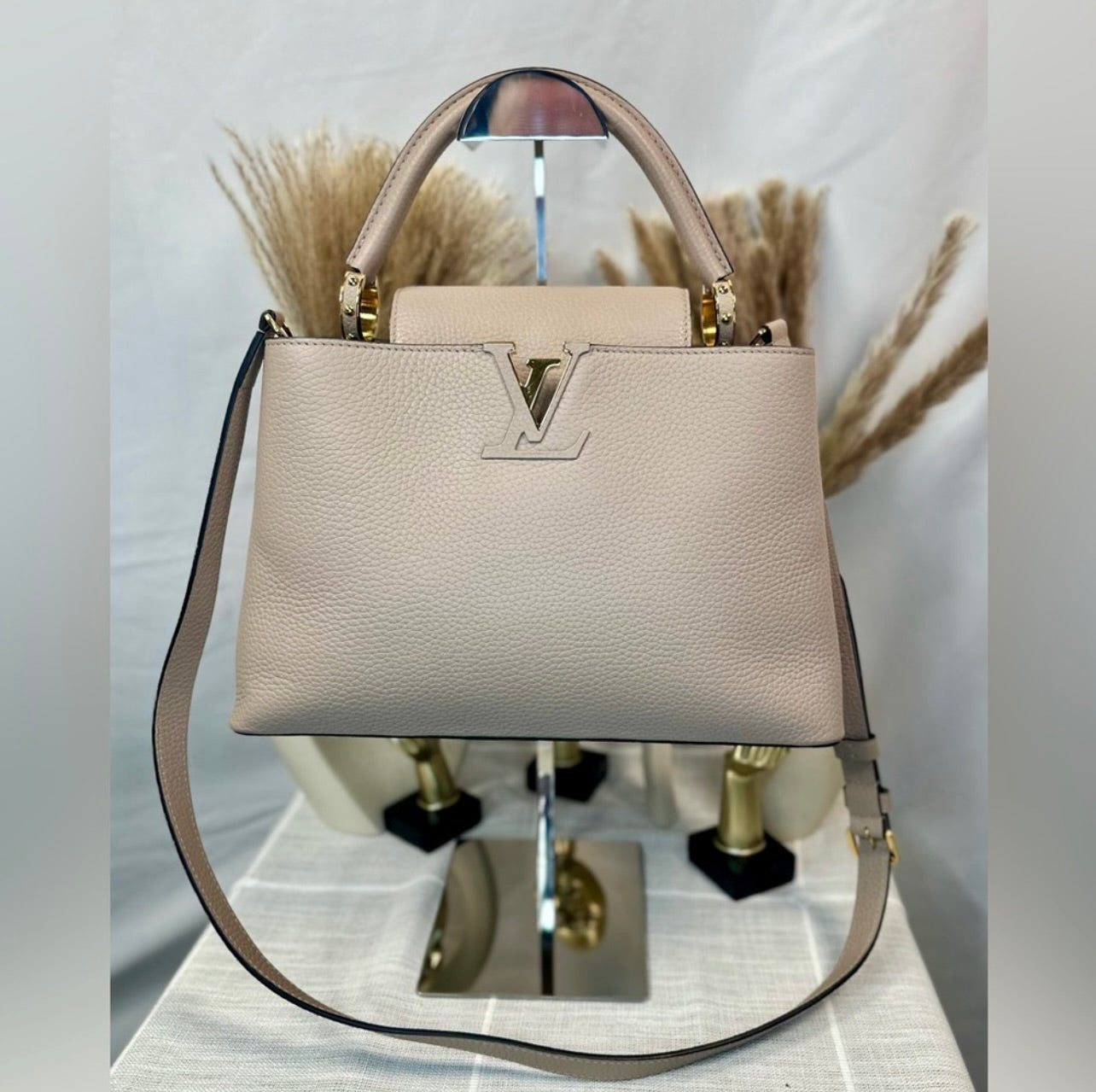 Louis Vuitton Galet Gray Taurillon Leather Capucines MM Bag
