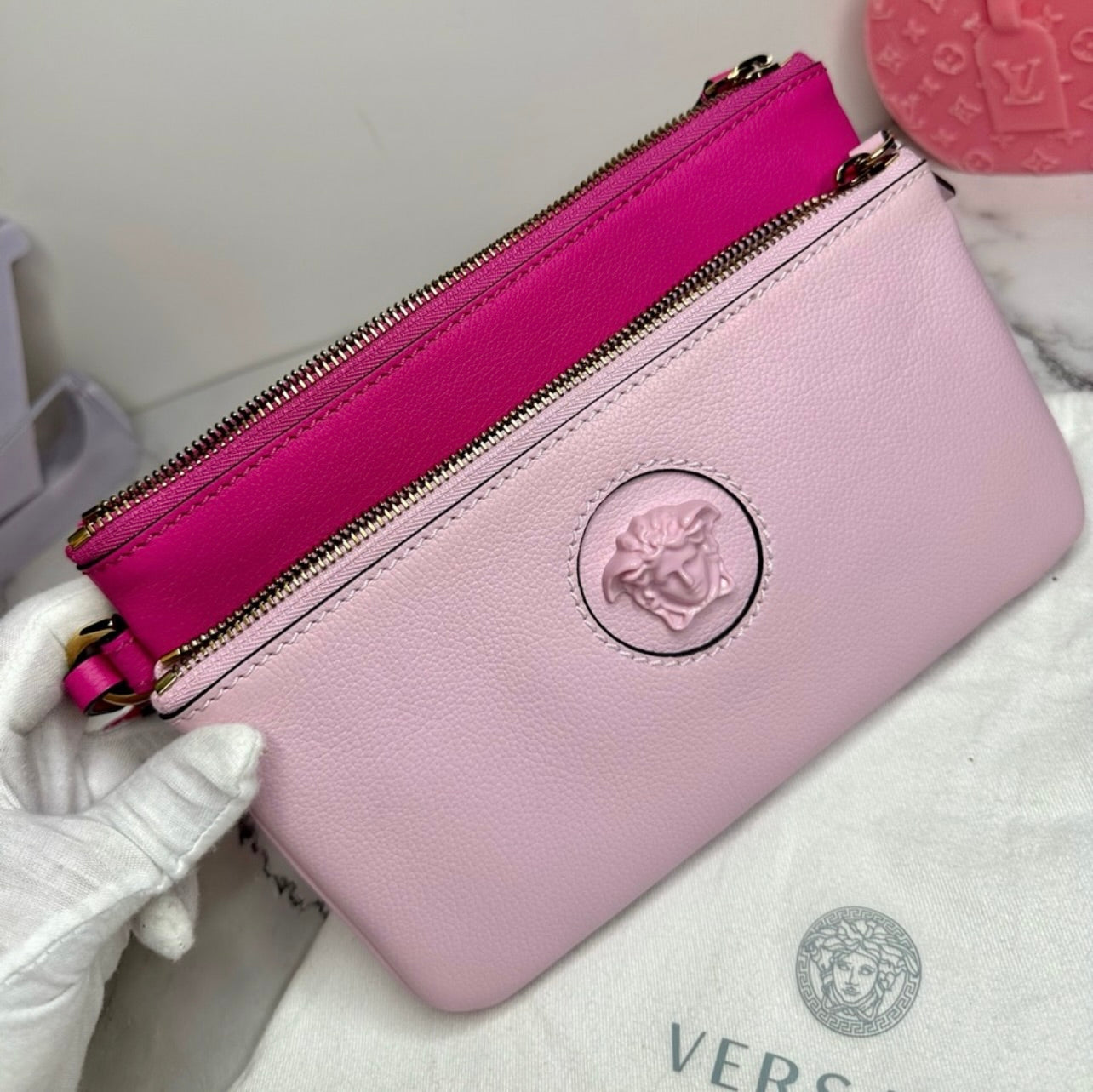 New Versace Double Zip La Medusa Pink Italian Leather Wristlet Pouch