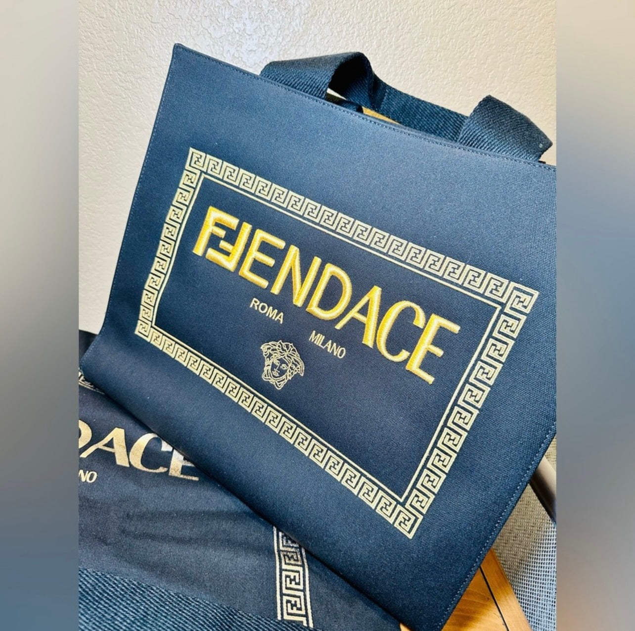 New Fendi x Versace Ltd. Ed. Black Canvas Fendace Logo Large Shopping Tote Bag