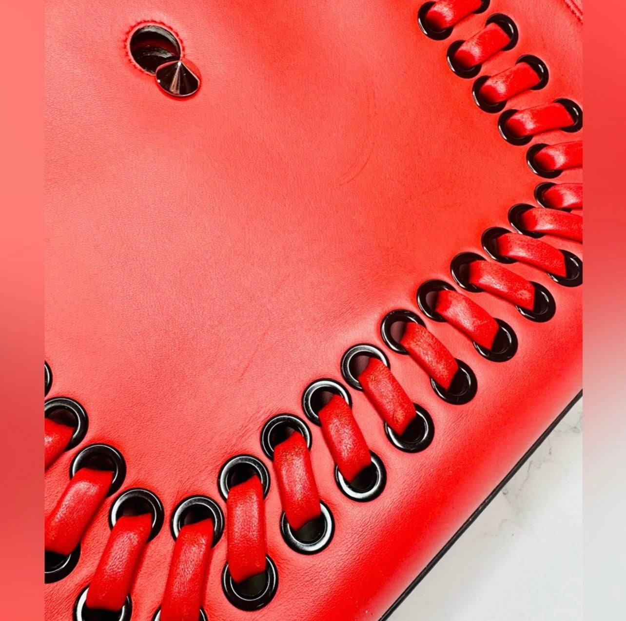 Fendi Medium Red Leather Whipstitch DotCom Convertible Satchel Bag