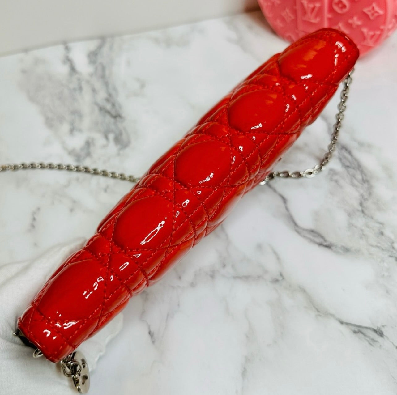 DIOR Coral Red Quilted Cannage Patent Calfskin Leather Lady Dior Chain Clutch