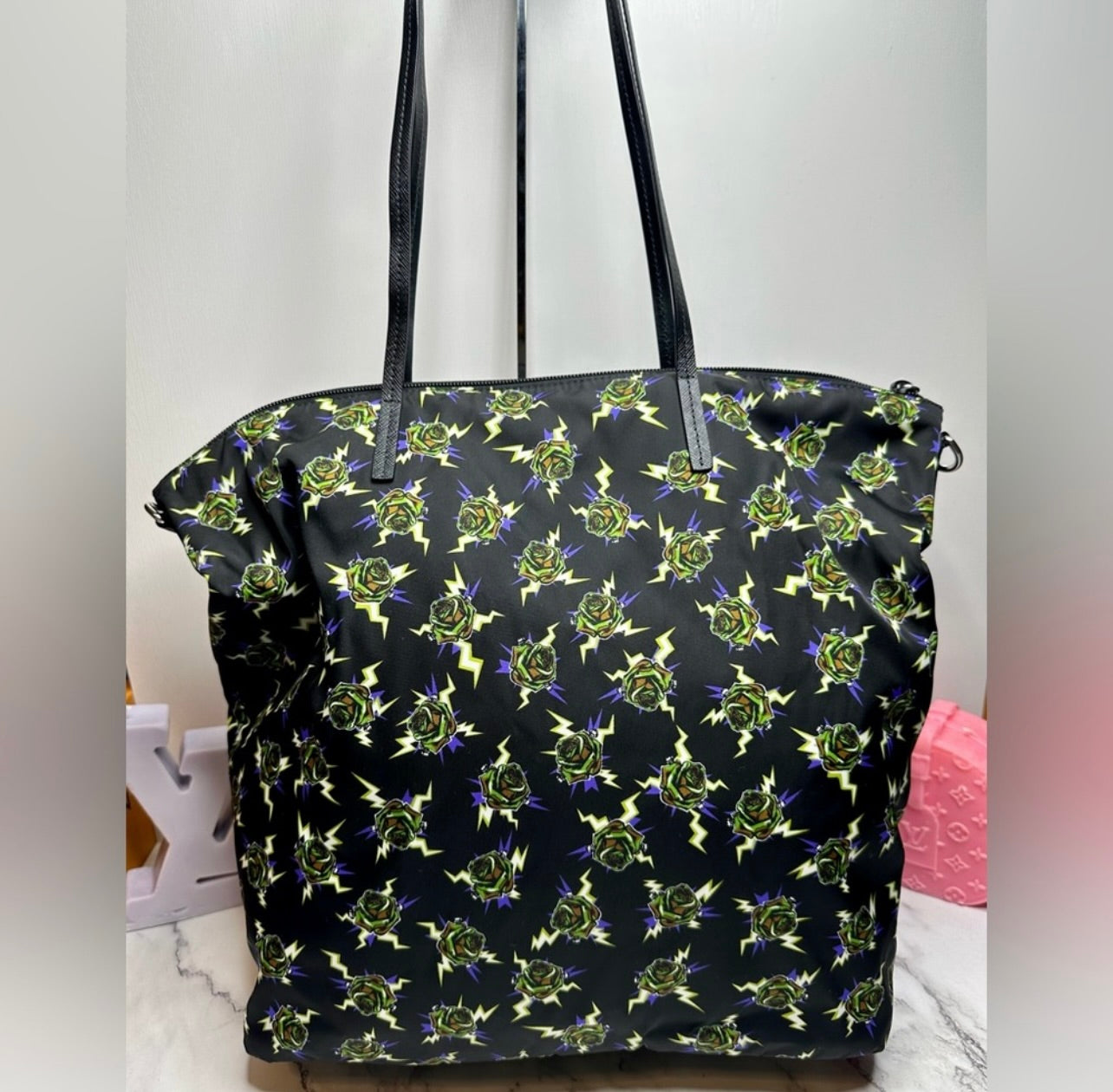 New Limited Edition Prada x Frankenstein Rose Print Nylon Convertible Shopper Tote Bag
