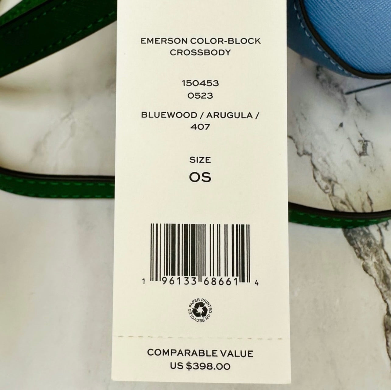 New Tory Burch Bluewood & Arugula Saffiano Leather Emerson Color Block Crossbody Bag