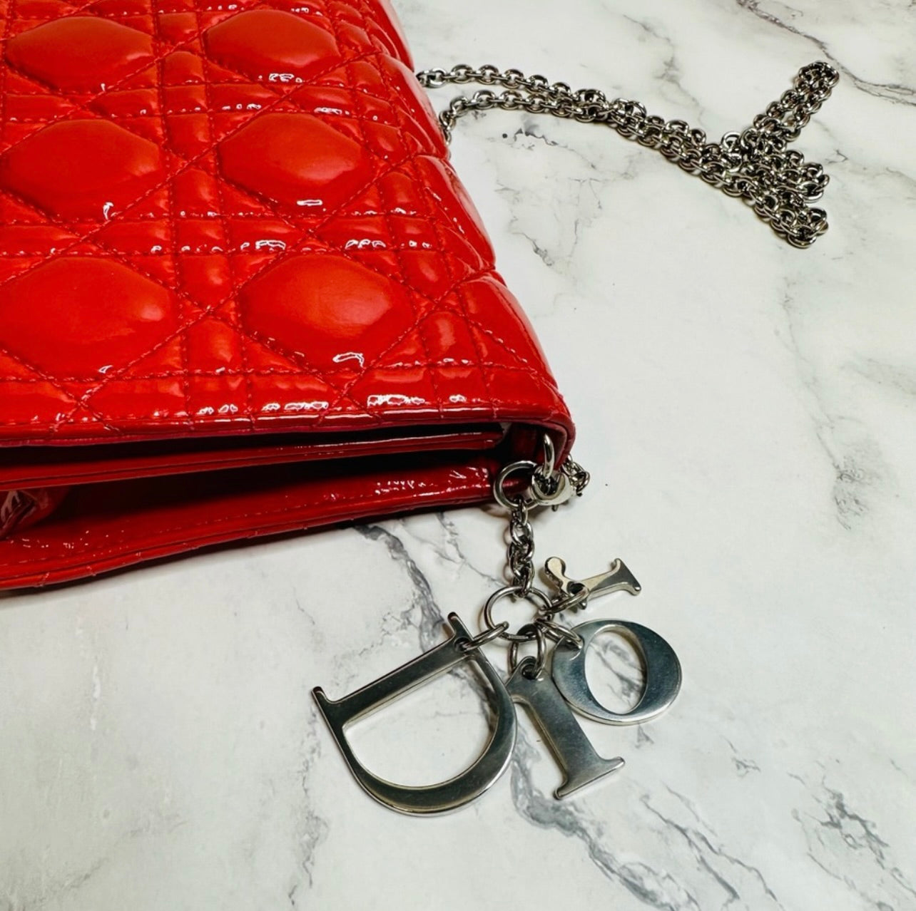 DIOR Coral Red Quilted Cannage Patent Calfskin Leather Lady Dior Chain Clutch