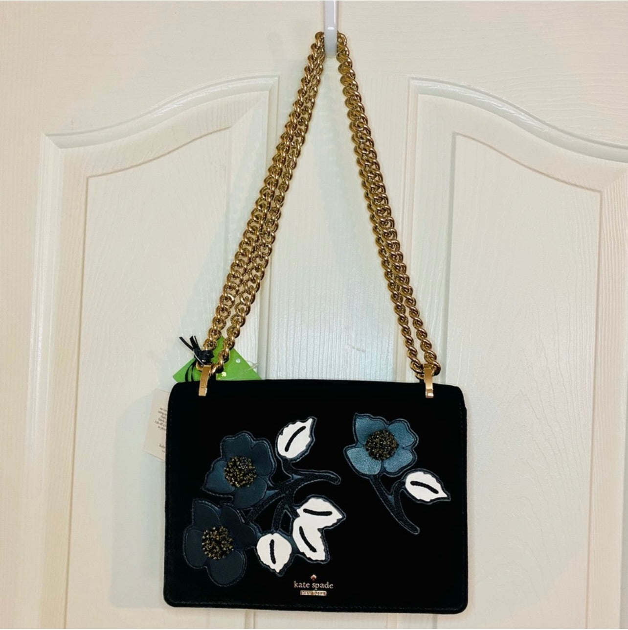 New Kate Spade New York Cameron St Floral Embellish Marci Black Velvet Crossbody Handbag