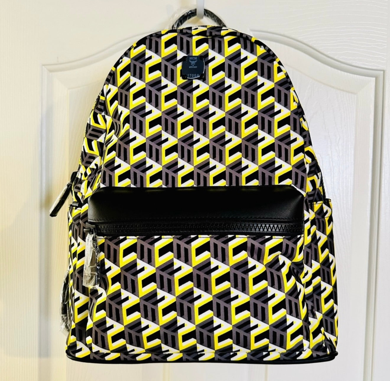 NEW! Unisex MCM Medium Stark Black & Yellow Cubic Logo Backpack