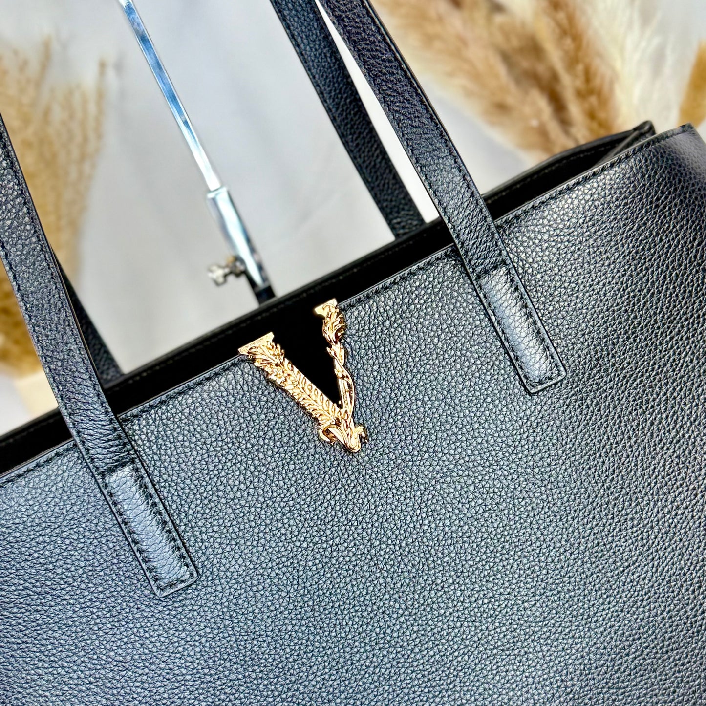 NEW!! VERSACE Black Grainy Calf Leather Virtus Tote Bag